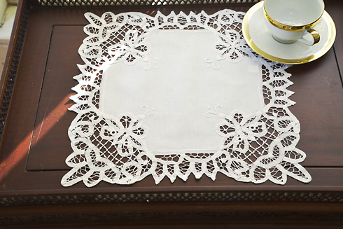 White Battenburg Square Doilies. 14"x14" Square. Each